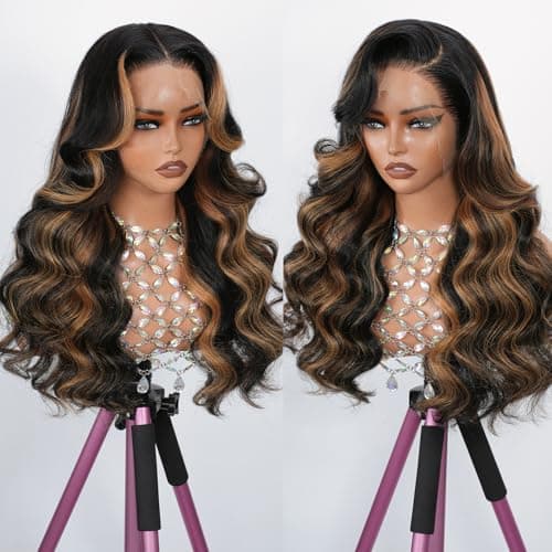 Body Wave 13x4 Full Frontal Lace Wig Skinlike HD Lace 0.10mm Ultra-thin Invisible 1B/30 Highlight Ombre Brown Colored Pre-plucked Tiny Knots Balayage Lace Front Wig 200% Density 20 Inch for Women - Thumbnail 2