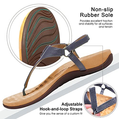 Athlefit Women's Comfortable Orthopedic Sandals Thong Dressy T-Strap Orthotic Casual Summer Arch Support Navy Sandals size 6 - Thumbnail 6