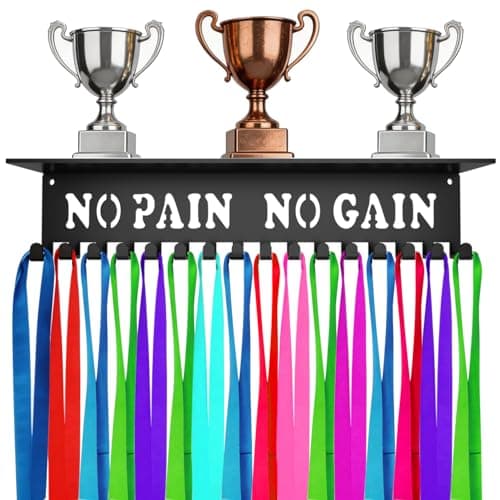 Bliocefo Medals Hanger Holder Display Steel Rack Hooks Wall Mount Frame Over 60 Medals-Sports Medal Hook Storage Organizer Never Give Up Ribbon with Easy Hanging Bars Black (No Pain No Gain Shelf)