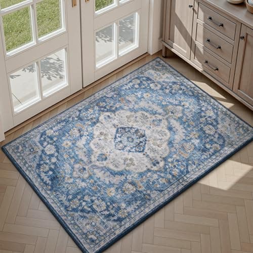 tchdio 2x3 Entryway Rug, Non Slip Front Door Mat Small Washable Rugs, Soft Low Pile Small Area Rug Vintage Doormat, Stain Resistant Rug for Entrance, Kitchen (Blue, 2'x3') - Image 1
