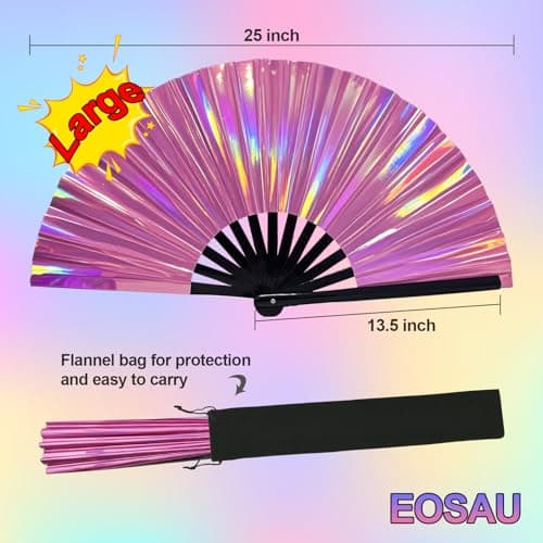 EOSAU Large Holographic Rave Fan Folding Hand Fans for Line Dancing Portable Handheld Clack Fan for Festival EDM Party Music Outfit Accessories (13" Pink 01) - Thumbnail 2