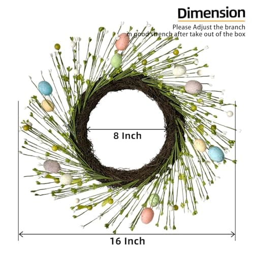 HipTree 16 Inch Farmhouse Easter Wreath for Front Door, Artificial Pastel Spring Wreath with Mini Easter Eggs, Handcrafted Wreaths for Entryway Mantel Window Indoor Outdoor Decorations - Thumbnail 2