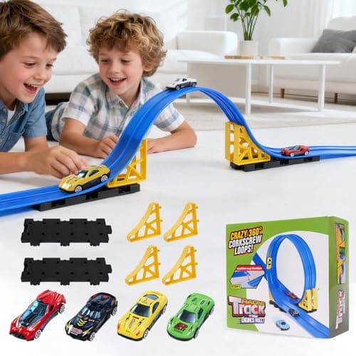 Kimdog Flexible Race Track for Kids - 15Ft Car Track with 4 Vehicle in 1:64 Scale, 4M DIY Car Ramp Roll Up, Play Race Cars for 3 4 5 6 Year Old Boys Girls, Little People Gifts for Birthday Christmas - Image 1