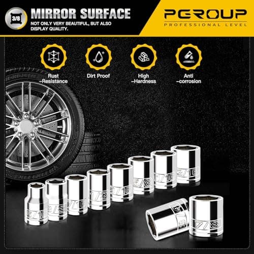 pgroup 10PCS 3/8” Drive Shallow Socket Set, SAE (5/16"-7/8"), 6-Point, Cr-V Steel, Full Polished Chrome Plated Socket With Hanging Bracket, Cover Most Commonly Sizes - Thumbnail 6