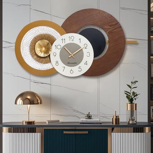 37.8x23 Inch Large Mid-Century Modern Wall Clock, Oversized Wood and Metal Frame Brown Decorative Clock for Living Room, Kitchen, Bedroom, Office - Image 1