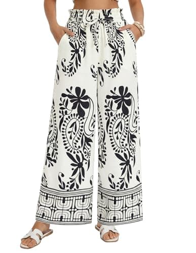 GRACE KARIN Beach Pants for Women Wide Leg High Waisted Lightweight Flowy Palazzo Pants Going Out Summer Vacation Outfits Black White Floral 2XL - Image 1