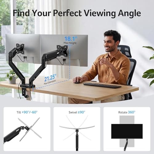 Acer Dual Monitor Arm, Computer Desk Arm with VESA Mounts for 17–32″ Screens, Fully Adjustable Gas Spring Monitor Stand, C-Clamp and Grommet Mounting Base, Fits 4.4 to 19.8lbs Computer Monitors - Thumbnail 3