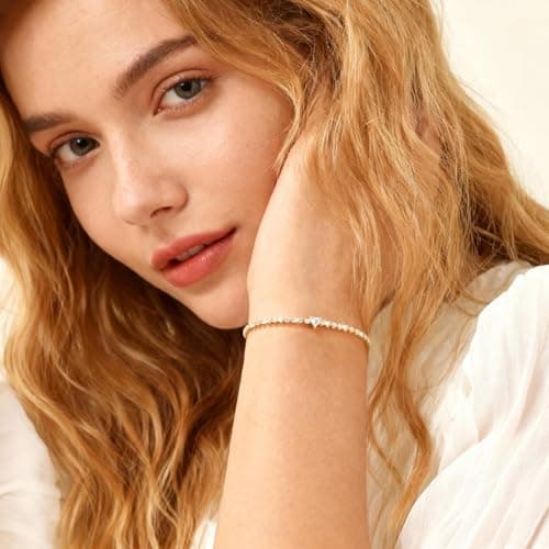 Gold Heart Tennis Bracelet for Women - 14K Gold Plated Heart Cubic Zirconia Link Bracelet, Adjustable Dainty Minimalist Design, Trendy Anniversary Birthday Valentine’s Day Jewelry Gift for Her Girfriend Daughter (Gold) - Thumbnail 2