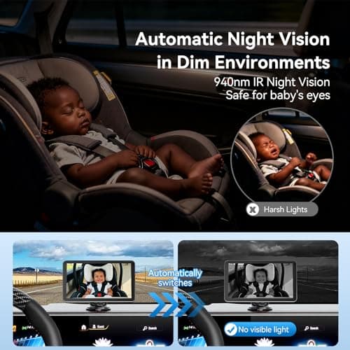 Baby Car Camera with 7" IPS Touchscreen, CarPlay & Android Auto Compatible, 1080P AHD Baby Car Monitor, IR Night Vision,360° Rotation Live Rear-Seat View, Alternative to Rear-Facing Baby Mirrors - Thumbnail 6