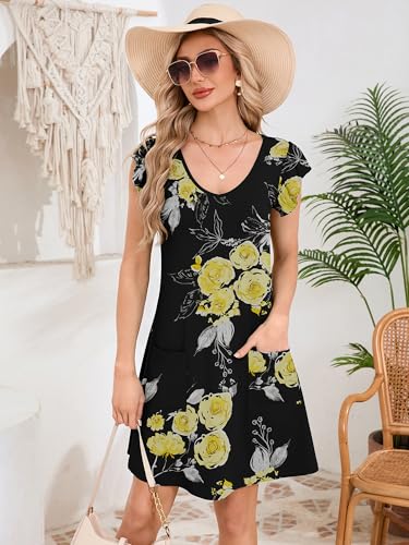 DEARCASE Womens Summer T-Shirt Dresses V Neck Elegant Classy Ruffle Sleeve A-line Tunic Dress 2026 with Pockets Floral Black Yellow Flower Branch Medium - Thumbnail 3
