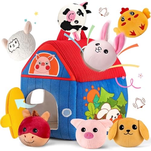 SAIMAND Baby Toys 6-12 Months, Barn with Stuffed Farm Animals, Montessori Toy for Babies, Sensory Toys for Toddlers 1-3, Portable Baby Farmhouse Toy, Birthday Gift for Infants & Toddlers - Image 1