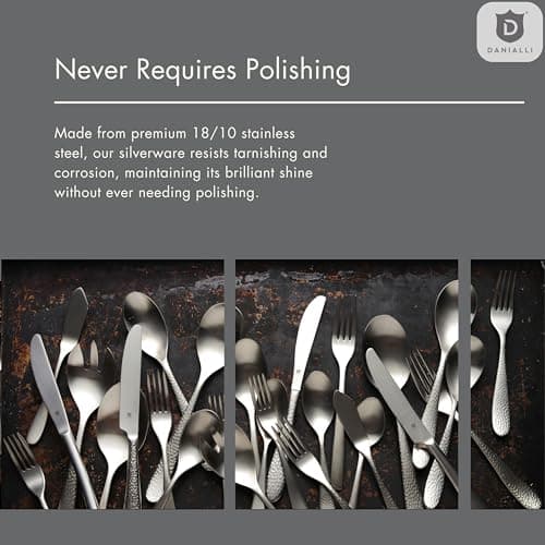 Danialli Matte Silverware Set, 18/10 Stainless Steel Satin Flatware, Modern Brushed Finish Cutlery, Dishwasher Safe & Durable, Built to Last (40-Piece, Marettimo Hammered) - Thumbnail 4