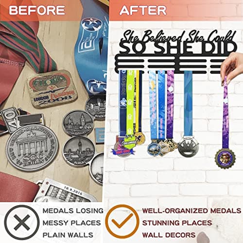 Medal Holder Display Hanger Rack Storage Steel Wall Mounted Fame Black Metal Sports Marathon Running Soccer Gymnastics Large-Capacity Over 60 Medals Sturdy Wall Decor Motivational Slogan Race Medals - Thumbnail 3