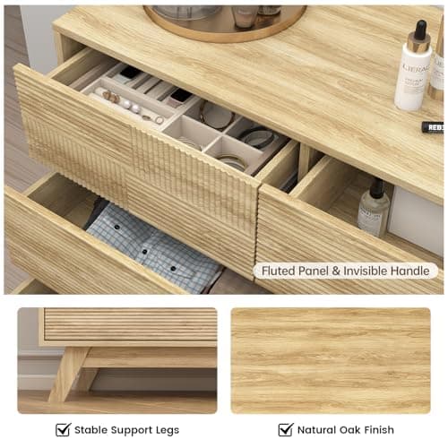 Hadulcet Wood Dressers for Bedroom 47” Wide, Large 8 Drawer Dresser TV Stand, Modern Chest of Drawers for Closet Clothes Storage Organizer with Fluted Panel, No Handles Design, Natural Oak - Thumbnail 4