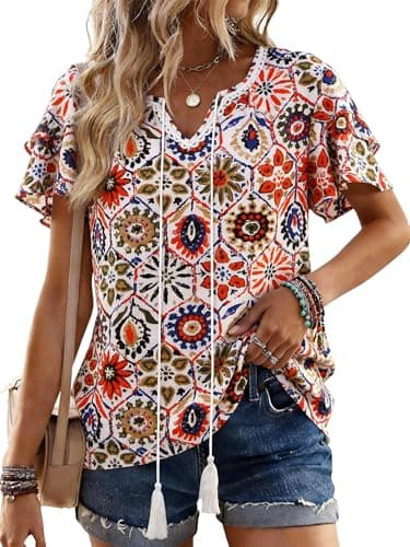 Bellcoco Womens Summer Boho Tops Short Sleeve Peplum Blouses V Neck Bohemian Shirt Tie Front Tunic Vacation Clothes Multicolored Floral Medium - Image 1