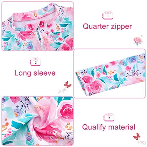 Funnycokid Baby Girl Swimsuit 18 Months Toddler Bathing Suit 2T Long Sleeve Tropical Rash Guard Swimwear Ruffle Pink Swim - Thumbnail 2