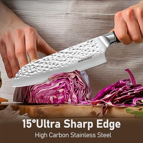 anshee 7 Inch Japanese Santoku Knife with Sheath Gift Box-Hammered Finish High-Carbon Stainless Steel Precision Chef Knife Wood Handle,Multipurpose Kitchen Knife for Slicing Meat,Vegetables,Fruits - Thumbnail 4