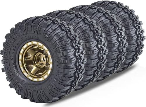 RcThjia 1.0 Beadlock Wheels and Tires Set 57 x 24 mm 1.0 inch Rubber Rock Crawler Tires & Alloy Blade Wheels For 1/18 1/24 Axial SCX24 TRX4M Gladiator Bronco C10 JLU Deadbolt RC Crawler Upgrade(Brown) - Image 1