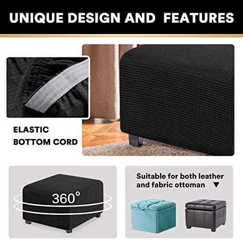 PrinceDeco Stretch Ottoman Cover Ottoman Slipcovers Square for Living Room Foot Stool Stretch Covers to Fit Ottoman Foot Rest, Thick Checked Jacquard Fabric with Elastic Bottom (Medium Size, Black) - Thumbnail 3