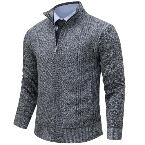 Msmsse Men's Knitted Full Zip Cardigan Sweater Slim Fit Casual Stand Collar Sweater with Pockets Dark Grey 2XL - Image 1