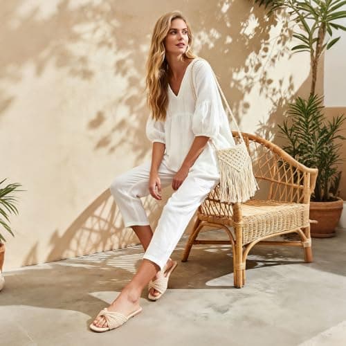 EQAUDES Women Flats Sandals Dressy Straw Woven Open toe Slip-on Slides - Summer, Espadrille, Vacation, Wedding, Casual - Thumbnail 4