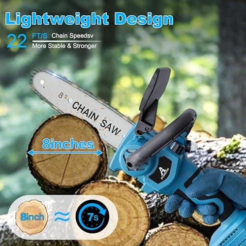 Mini Chainsaw Cordless 8 Inch with 2x 5200mAh Batteries, Portable Electric Chain Saw, Automatic Oiler, Battery Powered Small Handheld Saw,Trees Branches Trimming, Wood Cutting (Blue) - Thumbnail 2