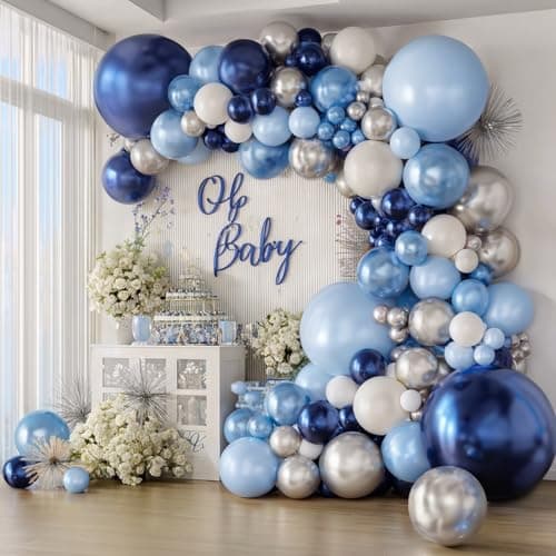 Blue Silver White Balloons Arch Kit - 129pcs Navy Light Metallic Blue Silver White Latex Balloons for Birthday Wedding Bridal Shower Graduation Fathers Day Prom Party Decorations - Image 1