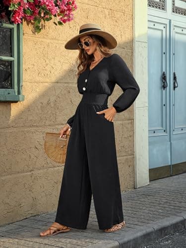 LOOKBOHO Long Sleeve Fall Jumpsuits for Women 2026 Dressy Casual One Piece Wide Leg Romper V Neck High Waist With Pockets Black Large - Thumbnail 5