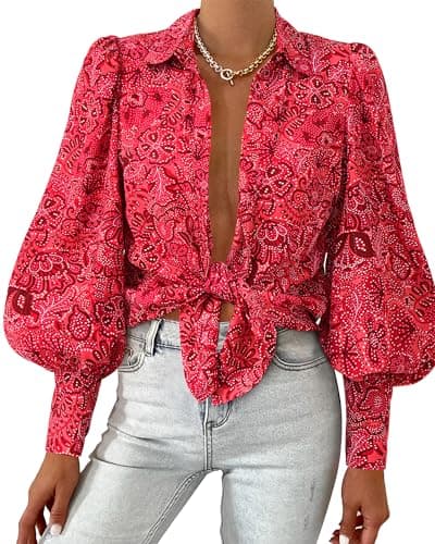 BTFBM Summer Blouses for Women Dressy Casual 2026 Long Sleeve Button Down Shirt V Neck Boho Spring Tops Fashion Clothing(Multi Red, Large) - Image 1