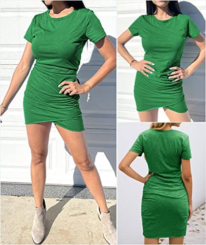 BTFBM Women’s Summer Dresses 2026 Casual Bodycon Mini Dress Short Sleeve Crew Neck Mini Ruched Spring Beach Vacation Outfits(Bright Green, Large) - Thumbnail 4