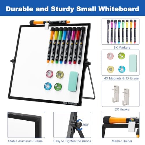 TSJ OFFICE Small White Board - 12 X 12 Inches Small Magnetic Dry Erase Board with Hooks for Wall, Desktop Whiteboard Stand 360 Degrees Revolving Double Sided for Office, Home, School, Black - Thumbnail 2