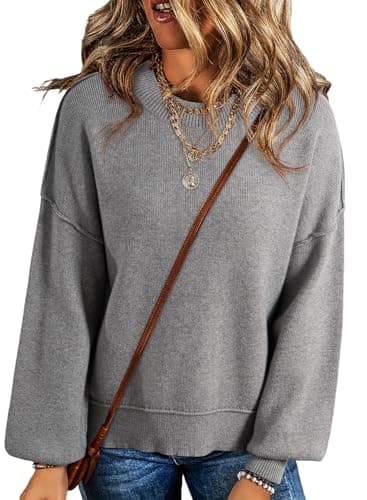 Dokotoo Sweaters for Women Trendy Crew Neck Solid Patchwork Casual Loose Teacher Fall Outfits Knitted Tops Cute Pull Over Long Sleeve Crop Pullover Sweater Gray Medium - Image 1