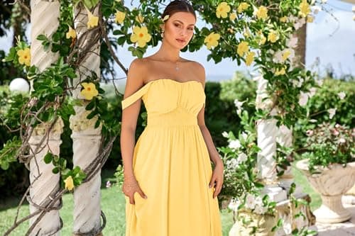 2025 Women's Summer Sleeveless Off Shoulder Floral Flowy A Line Maxi Dresses Light Yellow XL - Thumbnail 3