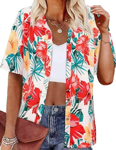 LILYCHIC Womens Hawaiian Shirts Button Down Short Sleeve Casual Summer Floral Tropic Print Beach Hawaiian Tops Outfits Red XXL - Image 1