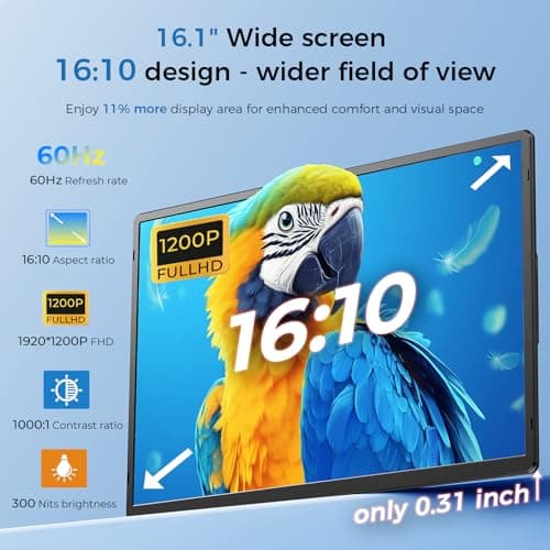 Enzion Laptop Screen Extender 16.1", 1200P FHD, Portable Monitor 360° Rotating Detachable Stand, Height Adjustable Monitor Extender for Laptop 13-17.5", Plug-Play for Tablet, PC, Phone, etc - Thumbnail 2