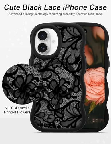 Aitipy Magnetic Case for iPhone 16, Compatible with MagSafe, Cute Black Lace Flower Aesthetic Soft Silicone Curly Wavy Shockproof Protective Phone Cover for Women Girls - Thumbnail 2