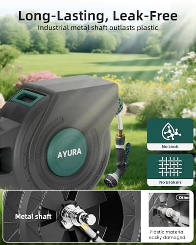 AYURA Retractable Garden Hose Reel 100 ft x 1/2 inch with Pro Metal Shaft, Heavy Duty Automatic Garden Hose Reels with Kink-Free Rewind and Lock at Any Length, Wall Mount Water Hose Reel for Outside - Thumbnail 2