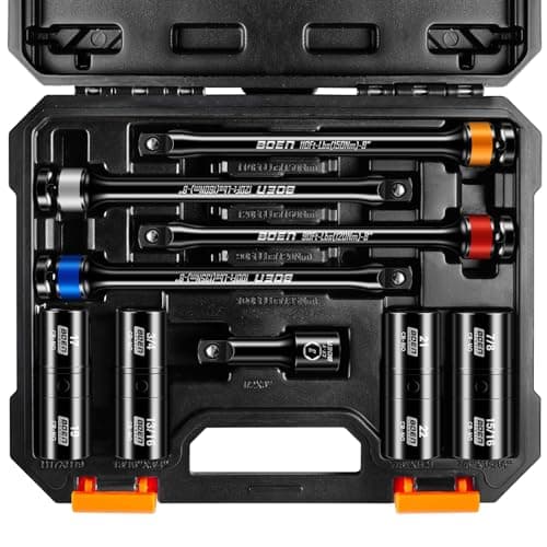 boen 9PCS 1/2" Drive Impact Torque Limiting Extension Bar And Flip Lug Nut Socket Set, 90 to 120 Ft-Lbs (120-160Nm), 8" Length Torque Sticks, Metric & SAE Double-Sided Sockets, Cr-Mo Impact Grade