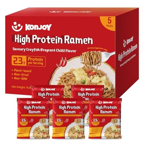 KONJOY Protein Ramen Noodles, Plant-Based High Protein(23g) Ramen Noodles Tossed with Savory Crayfish Chili Sauce, Non Fried, Low Fat, Vegan Healthy Meal, 5 Pack - Image 1
