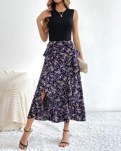 BTFBM Summer Dresses for Women 2026 Casual Spring Floral Sleeveless Ruffle Boho Cocktail Wedding Guest Party Midi Dress(Floral Purple, XX-Large) - Thumbnail 2
