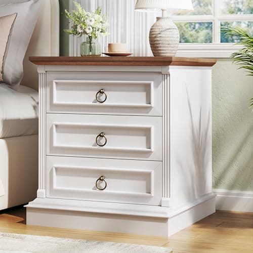 HUAHUU Farmhouse Nightstand with Wireless Charging Station, Side Table with Roman Column, Wood Rustic End Table with Metal Handle for Bedroom, White - Image 1