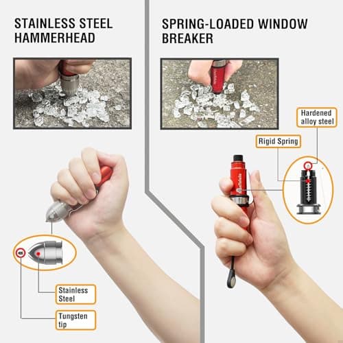MonTelulu 4-in-1 Car Emergency Escape Tool, Spring-Loaded Window Breaker & Seatbelt Cutter with Tungsten Steel Hammerhead, Anti-Slip Luminous Design, with Practice Glass & Visor Clip (Red 1 Pack) - Thumbnail 3