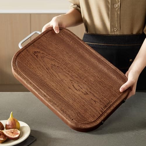 Leking Premium Solid Ebony Wood Cutting Board for Kitchen - 14.5"x9.5"x1" Double Sided Butcher Block, Thick Chopping Board with Juice Groove & Non-Slip Feet, Food Grade Serving Board for Meat Veggie - Thumbnail 4