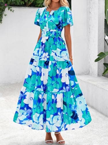 BTFBM Womens Summer Floral Maxi Dresses V Neck Short Sleeve Boho Casual Flowy Long Wedding Guest Dress Beach Vacation(Floral Blue Green, Medium) - Thumbnail 5