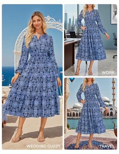 GRACE KARIN Long Sleeve Dress for Women 2026 Spring Wedding Guest Dress Floral Boho A Line Flowy Maxi Dresses with Pockets Navy Blue 2XL - Thumbnail 2