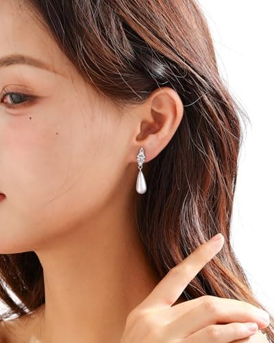 Pearl Earrings for Women, Hypoallergenic Silver Cubic Zirconia Pearl Dangle Earrings Bridal Shower Gifts Wedding jewelry for Women - Thumbnail 2