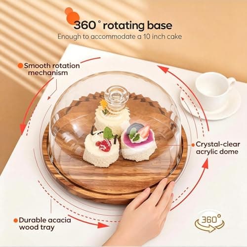 cutesun Cake Stand with Lid, Rotating Cake Stand with Lid & Dome, 11.8'' Acacia Wood Shatterproof 10.4'' Acrylic Cake Display Stand for Wedding, Birthday, Parties - Thumbnail 5