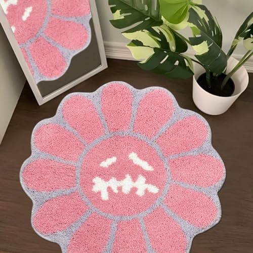 Shovagy Trippy Happy Face Rug Cool Rugs Tufted Quick Dry Bath Mats for Bathroom Non Slip Bath Mat Water Absorbent 3.3FT Pink Bathroom Rugs Halloween Gothic Ghost Skull Horror Decor Carpet - Image 1