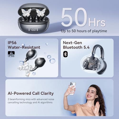 Kinglucky ClipFree A20 Open-Ear Earbuds with Butterfly Earrings, Secure & Comfort Fit, Premium Sound Clip-On Earbuds with Digital Display, 50H Playtime Bluetooth 5.4 Wireless Headphones Black - Thumbnail 6
