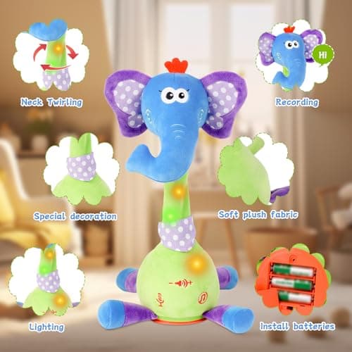 LUKETURE Dancing Talking Elephant Plush, Interactive Stuffed Animal Toy, Musical Plush with Record & Repeat, Sings 10 Songs, LED Lights - Thumbnail 4